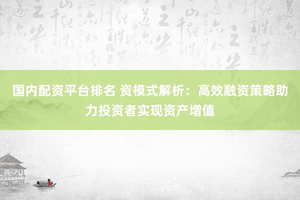 国内配资平台排名 资模式解析：高效融资策略助力投资者实现资产增值