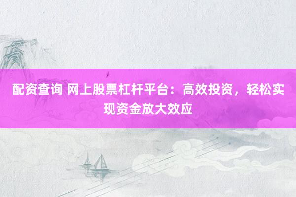 配资查询 网上股票杠杆平台：高效投资，轻松实现资金放大效应